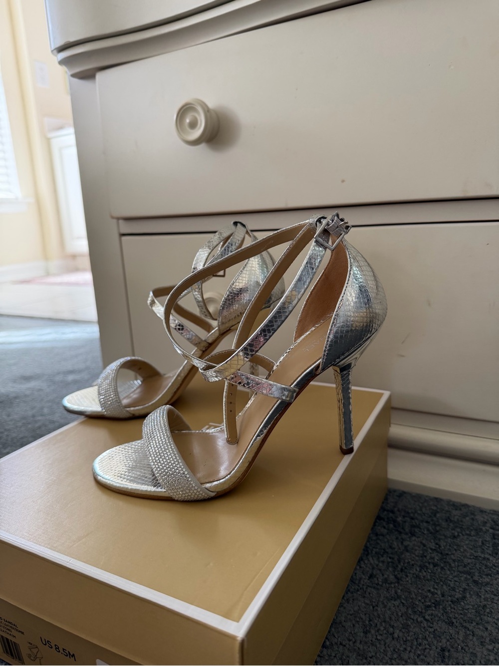 Michael Kors Silver Metallic Strappy High Heels With Rhinestones